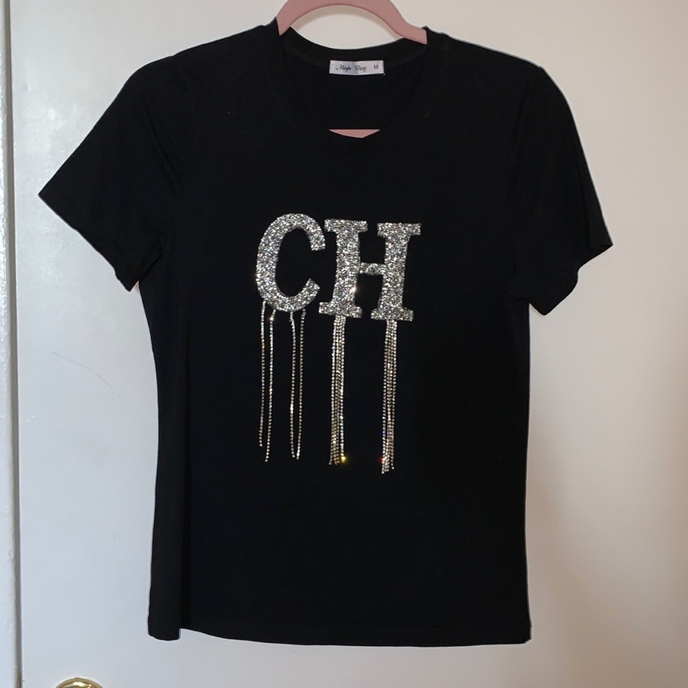 Black Tee - CH initials with sequin design